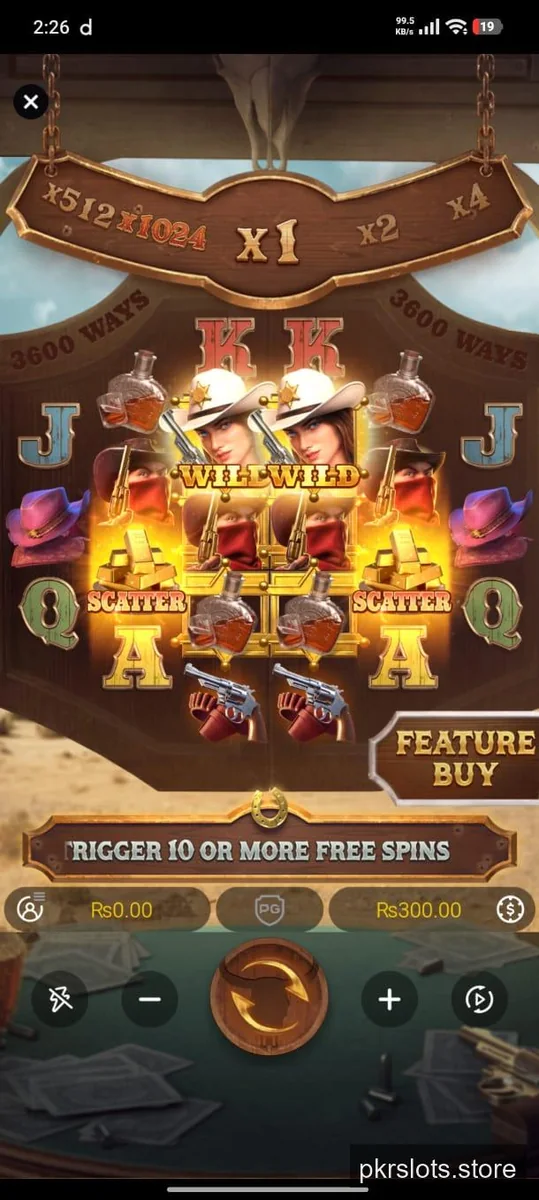 PKR Slots slot game showing 3600 ways to win, x1024 multiplier ladder, scatter symbols and a feature buy button