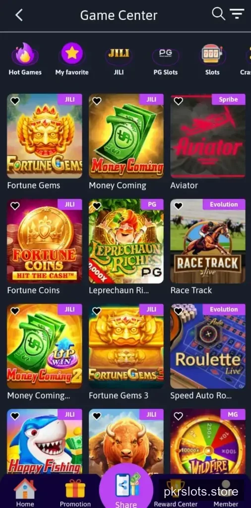 PKR Slots game centre showing JILI, PG Slots and Slots provider tabs with Fortune Gems, Aviator and Race Track