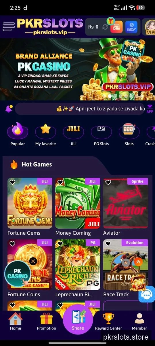 PKR Slots lobby showing Hot Games with JILI, PG, Spribe and Evolution provider badges