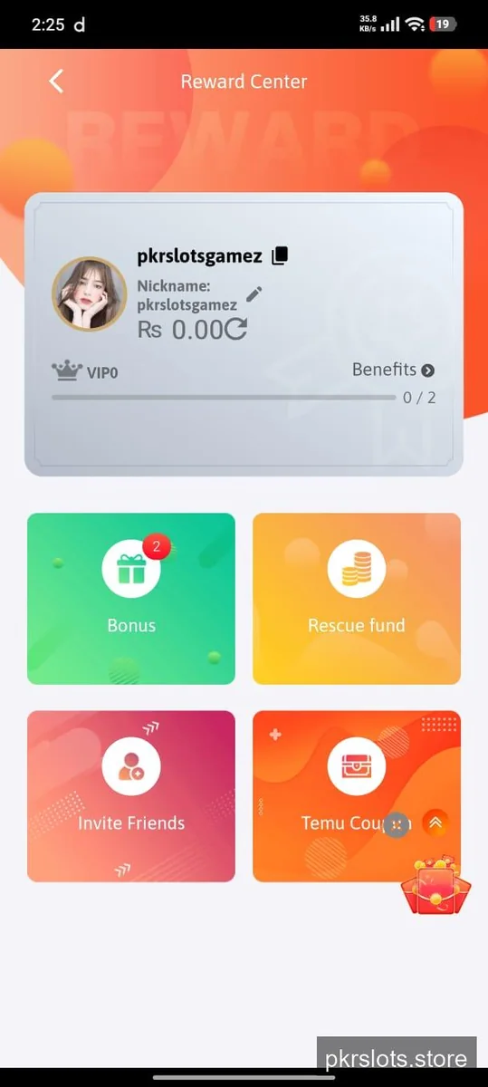 PKR Slots reward centre showing Bonus, Rescue fund, Invite Friends and Temu Coupon tiles with VIP0 progress