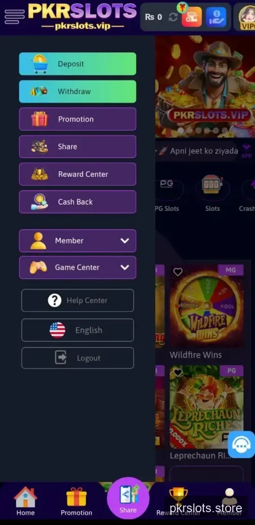 PKR Slots side menu showing Deposit, Withdraw, Promotion, Share, Reward Center and Cash Back options
